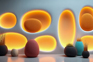 Room with a white wall and a variety of colorful and textured objects, including several potted plants and a few large