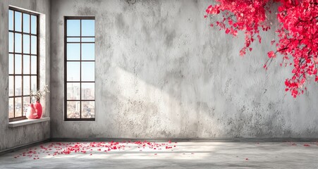 Room with a window and a vase on the window sill. The room is empty and has a very clean and simple design
