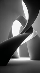Sculpture of two curves that are twisted together. The sculpture is made of paper and is black and white