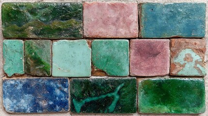 Row of colorful tiles with a green and pink tile in the middle. The tiles are arranged in a way that creates a pattern