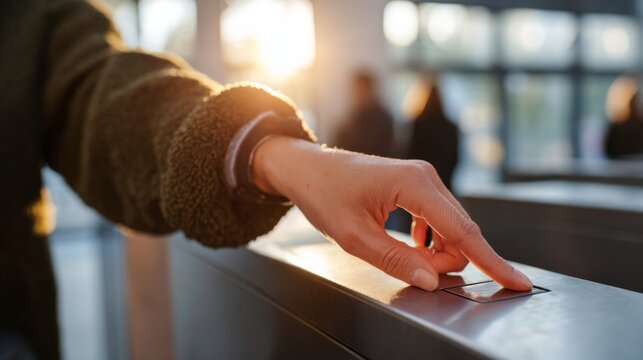 A close-up of a hand pressing a turnstile button, bathed in warm sunlight, creating a welcoming and busy atmosphere.
