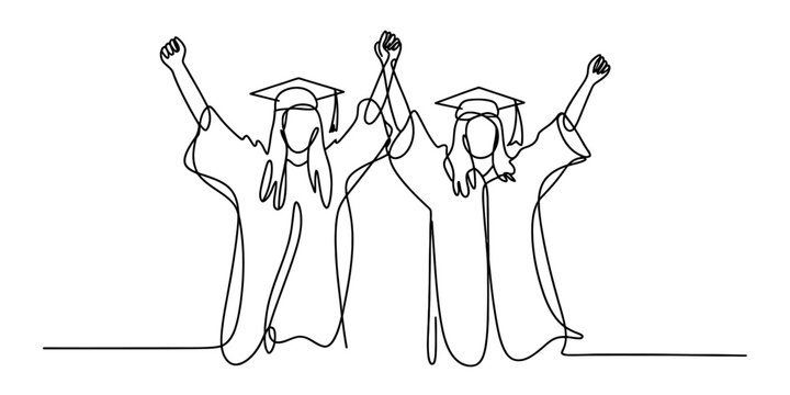 Continuous line art of two joyous graduating students in cap and gown celebrating academic success and accomplishment with arms raised Vector
