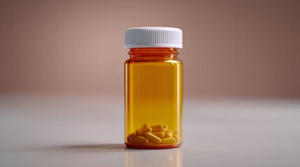 Close-up of an orange prescription bottle filled with yellow capsules against a soft, neutral background.