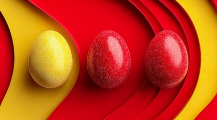 Three eggs with yellow and red shells are placed on a red and yellow background. The eggs are surrounded by a red