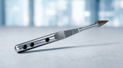 A sleek, stainless steel surgical scalpel resting on a smooth surface, highlighted by soft, blurred blue tones in the background.