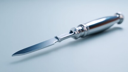 A sleek, metallic knife with a polished handle, elegantly lying on a smooth, light blue surface.