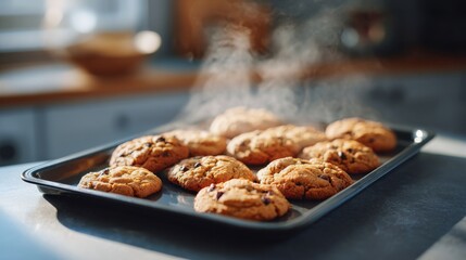 Freshly baked chocolate chip cookies on a tray with steam rising, creating a warm and inviting atmosphere.
