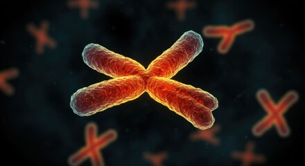 Closeup 3D render of a replicated chromosome glowing red and yellow against a dark blurred background