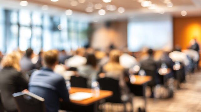Corporate Seminar Blur: A blurred background of a corporate seminar or training session in a conference hall, with attendees. High quality