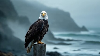 Majestic Bald Eagle's Vigil: A bald eagle perches regally on a weathered wooden post, its piercing gaze fixed upon the misty seascape before it, a symbol of freedom and strength.