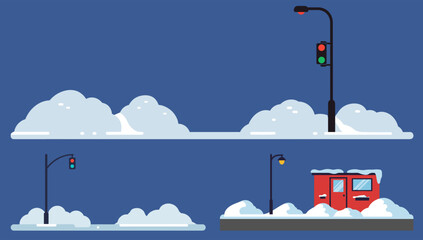 Snow-covered traffic lights and winter scenery on blue background  