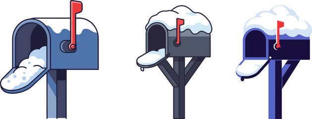 Mailboxes with snow accumulation on rooftops in winter setting  