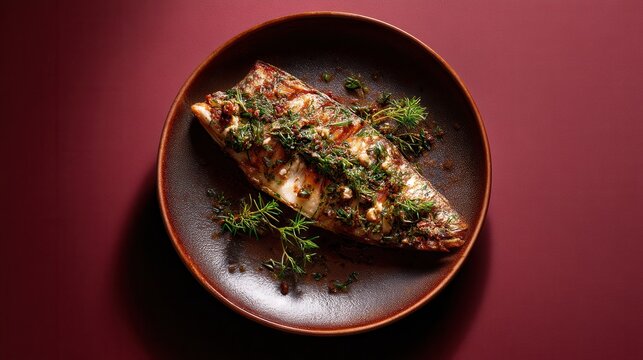 Oven Baked Surubi Fish With Herbs and Spices Presented on Earthy Plate From Argentina