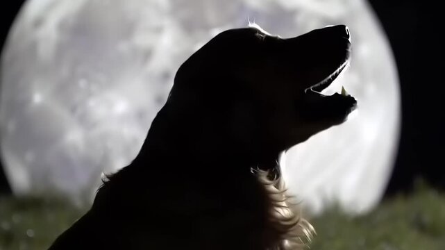 Dog howls at moon in a dark night.