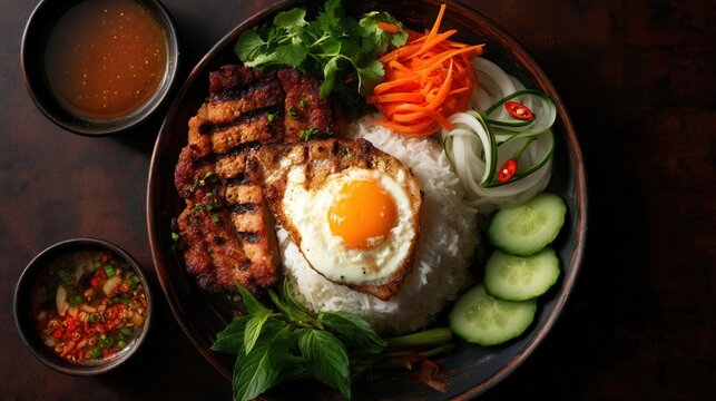 Delightful Dish of Com Tam Suon Nuong, a Vietnamese Culinary Experience of Broken Rice With Grilled Pork Chop