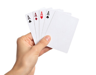Hand holding four aces poker cards, a winning hand for luck and fortune in games and business