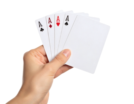 Hand holding four aces poker cards, a winning hand for luck and fortune in games and business