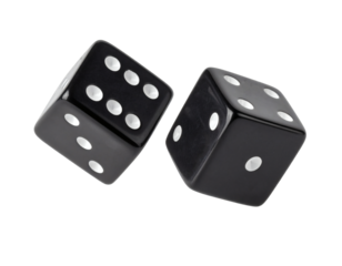 Dynamic black dice tumble, representing chance, luck, and the thrill of gambling with a chance element