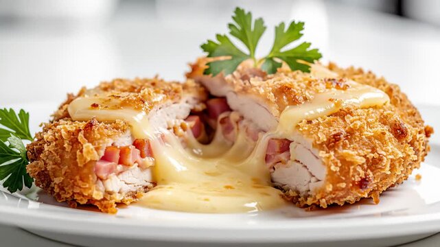 Chicken Cordon Bleu Being Cut Open Revealing Melting Cheese