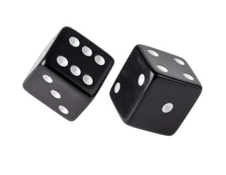 Dynamic black dice tumble, representing chance, luck, and the thrill of gambling with a chance element