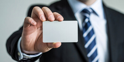 Businessman holding a blank white card in a professional suit and tie