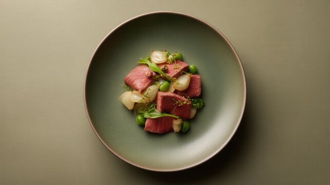 Garma on Slate Green Plate Whispers of Culinary Artistry, Featuring Boiled Beef With Onions and Black Pepper in Delicate Studio Setting