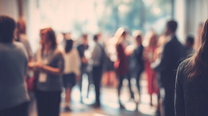 Networking Event Attendees Blurred - People networking at an event, with the background blurred to emphasize the interactions. High quality