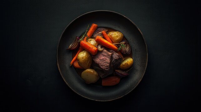 Showcasing a Delicious Hangi With Tender Meat, Carrots, Onions, and Potatoes on Black Plate