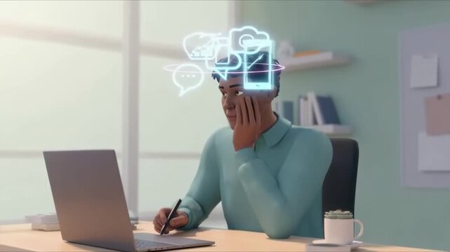 Stressed animator struggling with creative block in modern workspace needing inspiration and motivation for digital art project