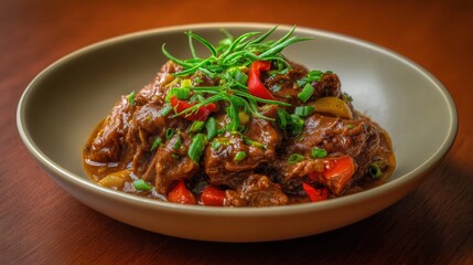 Fototapeta premium Savory Delight of Guinea Hog Pepperpot Showcasing Slow-Cooked Heritage Pork With Cassareep and Chili