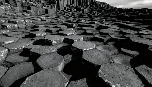 Close-up view of the hexagonal basalt columns at the Giant's Causeway in Northern Ireland.