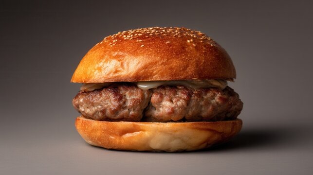 Studio Close-Up Showcasing a Delicious Sharska Pljeskavica, a Macedonian Cheese-Stuffed Burger Patty, Presented on a Graphite-Gray Plate