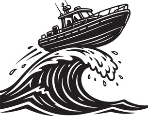 Boat riding a large wave