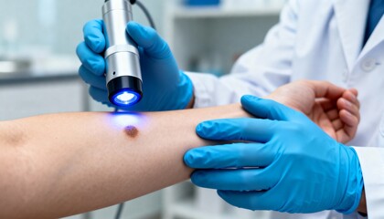 Dermatologist examining a mole on a patients arm with a dermatoscope for skin cancer screening and diagnosis