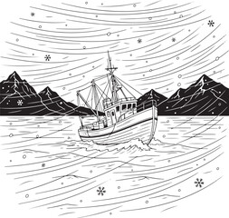Fishing boat braves stormy seas with snow falling