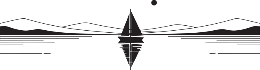 Minimalist Sailboat Reflection on Water with Mountains