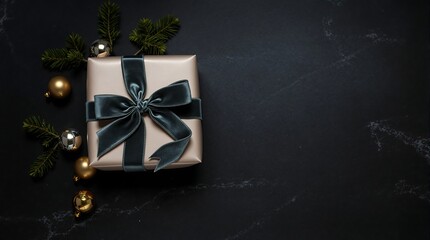 Square gift box with dark teal ribbon on black marble table surrounded by green pine and balls