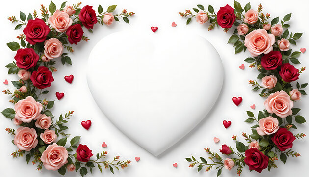 Valentines Day Heart Frame with Red and Pink Roses.