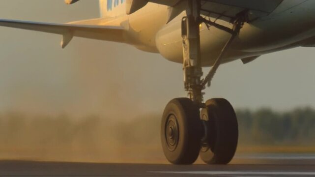 Macro slow-motion footage showing airplane wheels retracting during takeoff, cinematic depth, warm natural light