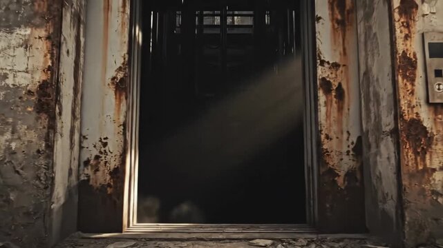 Derelict industrial interior with corroded elevator doors, dust motes, and decaying architecture