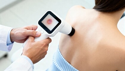Dermatologist examining a mole on a patients back with a dermatoscope skin cancer prevention early detection