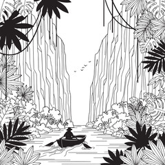 Person rowing a boat through a jungle canyon