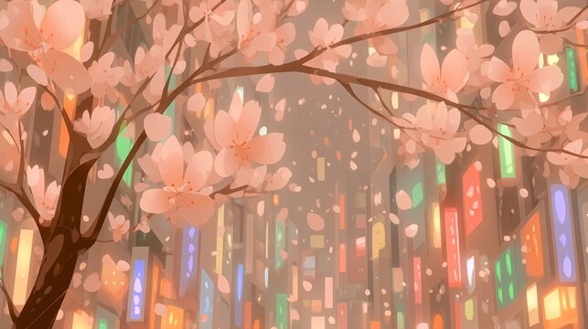 a abstract background featuring pink flowers and a cityscape with colorful lights