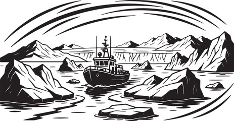 Ship Navigating Through Arctic Icebergs and Mountains