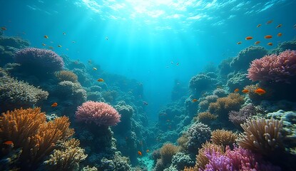 Fototapeta premium Vibrant Underwater Coral Garden Bathed in Golden Sun Rays