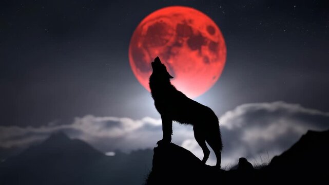 A lone wolf stands silhouetted against the backdrop of a blood moon, howling into the night sky, a symbol of wilderness, mystery, and the call of the wild