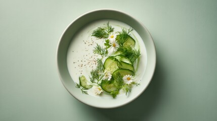 Obraz premium A Minimalist Composition of Bulgarian Tarator With Delicate Cucumber Slices and Dainty Blooms in a Studio Setting