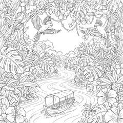 Tropical River Journey with Parrots and Lush Foliage