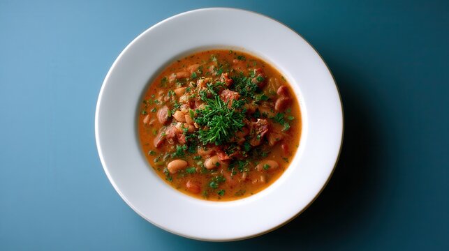 Journey Into Albanian Flavors a Plate of Jani Me Fasule Bean Soup in a Studio Setting, Reminiscing Kodak Gold 400's Warmth