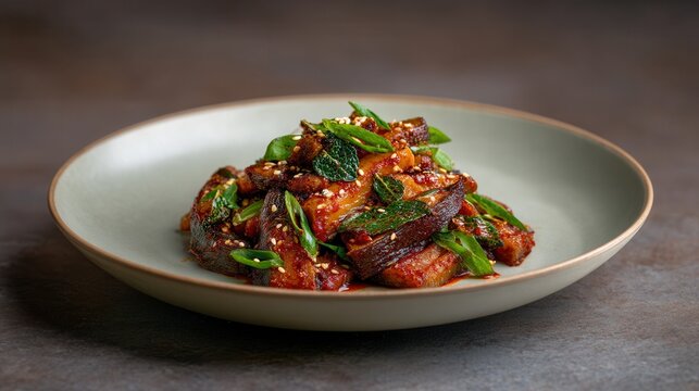 Korean Culinary Artistry Spicy Jangeo Bokkeum, an Exquisite Presentation of Stir-Fried Eel With Chili Paste, Sesame, and Perilla